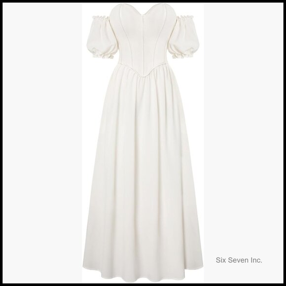 Polyester Off Shoulder Corset Dress Sweetheart Fishboned Puff Sleeve Renaissance